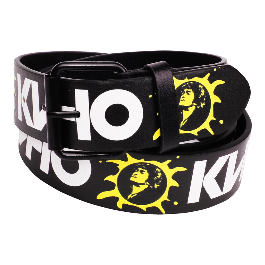 Kino Viktor Tsoi Gürtel | "Кино" Kunstleder Gürtel | Sublimationsdruck Schwarz Gelb | Russischer Post-Punk Merch 123 cm
