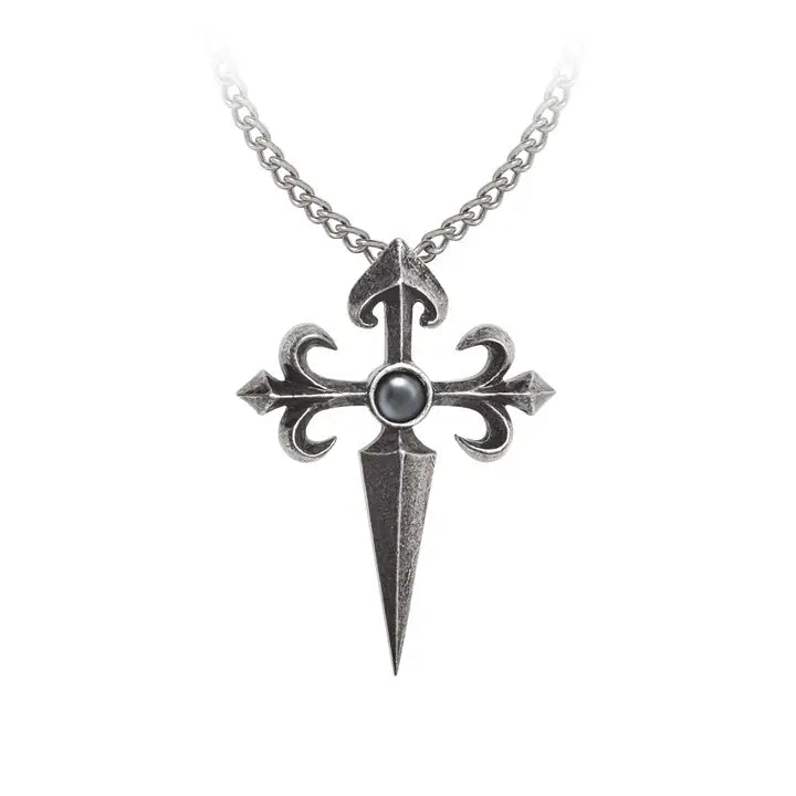 Alchemy Gothic "Santiago" Kreuz Kette | Ritterorden Schwert Anhänger mit Hämatit | Zinn Schmuck ca. 4 x 5,4 cm