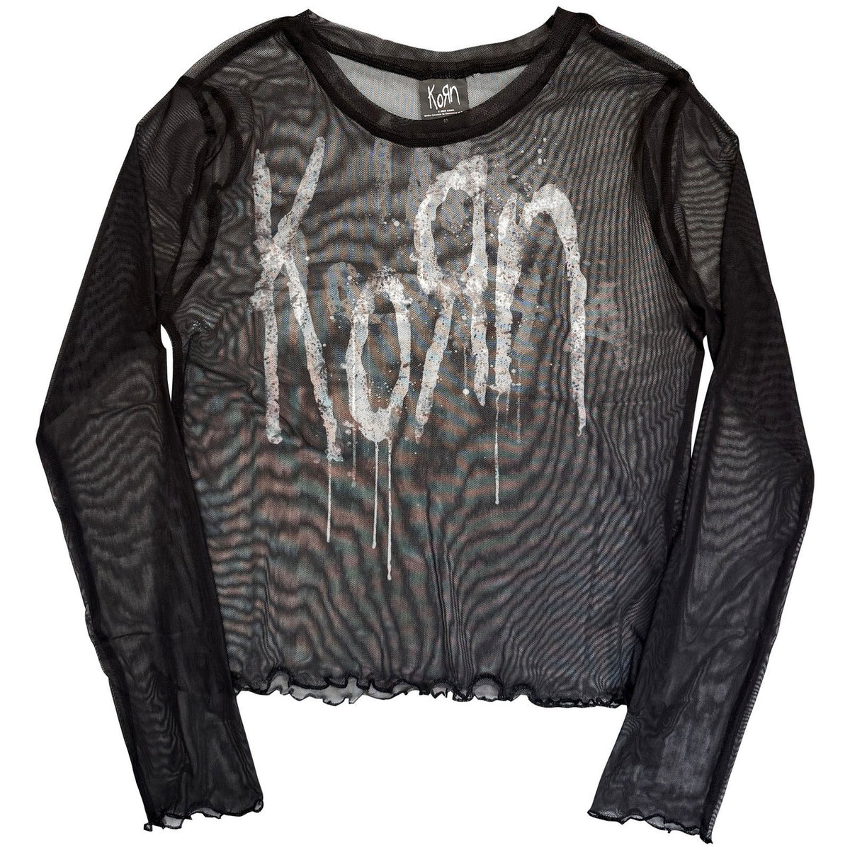 Offizielles Korn Damen Mesh Crop Top | "Still A Freak" Langarm Netz-Oberteil | Beidseitiger Print Schwarz | Nu-Metal Band Merch