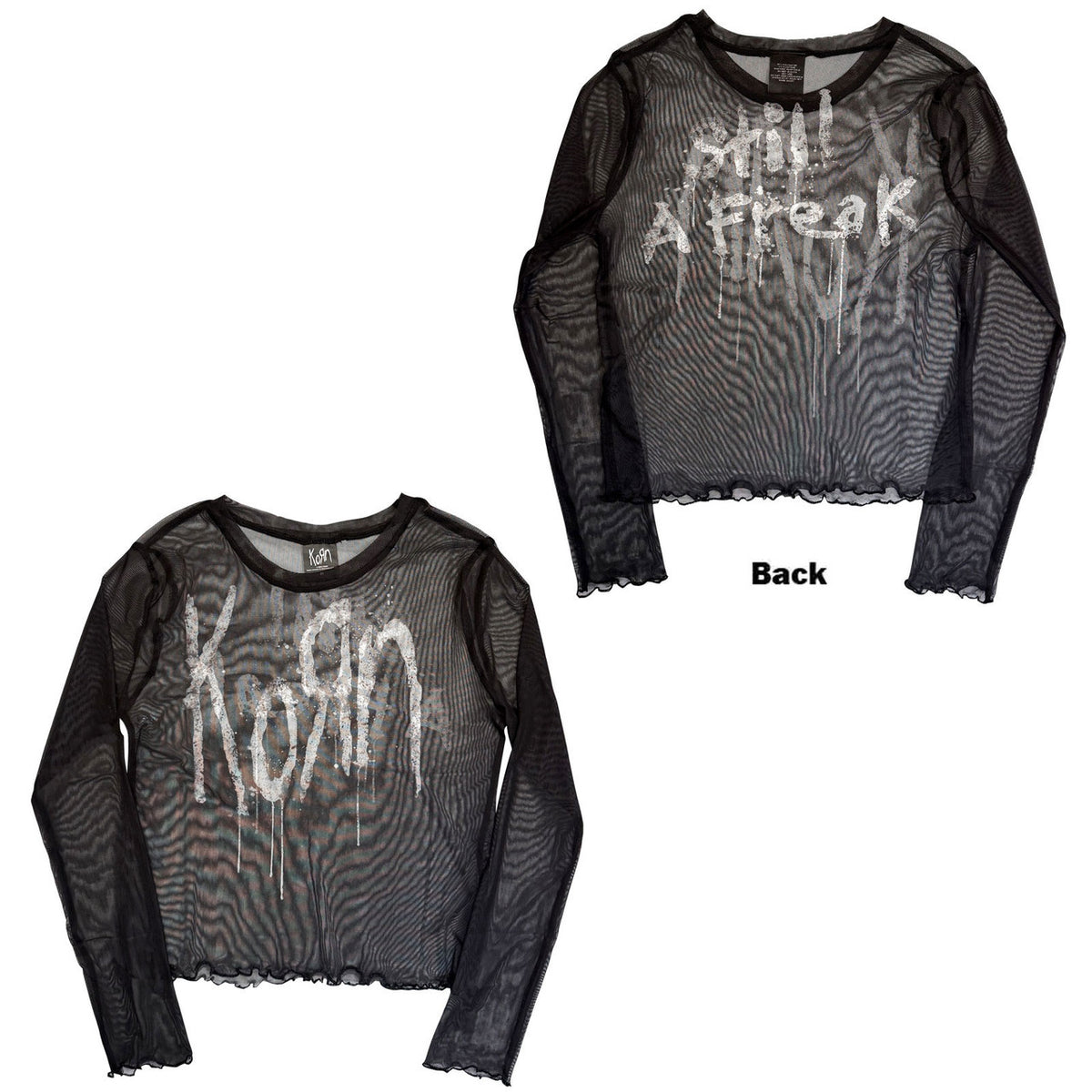 Offizielles Korn Damen Mesh Crop Top | "Still A Freak" Langarm Netz-Oberteil | Beidseitiger Print Schwarz | Nu-Metal Band Merch