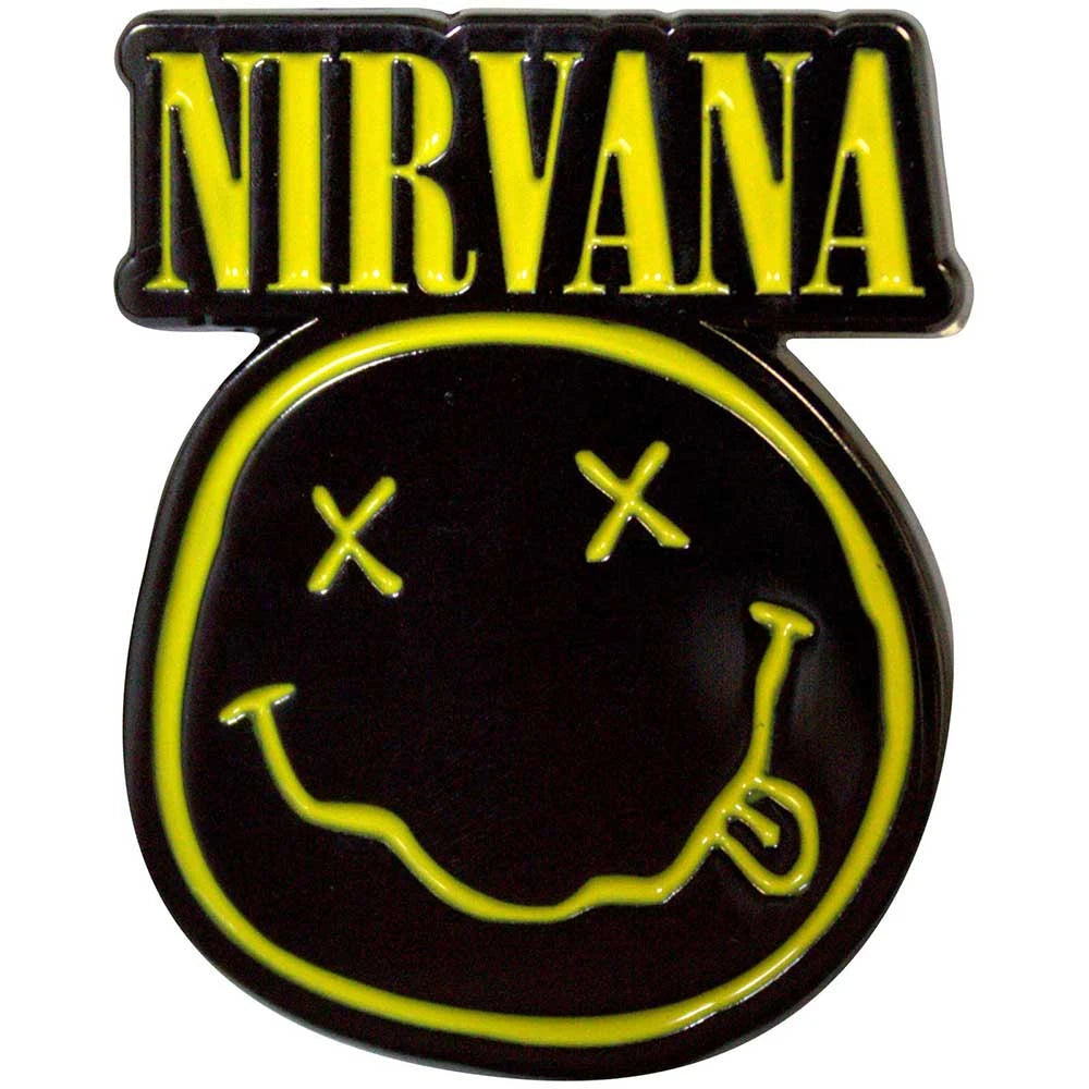 Nirvana Ansteckpin – Logo & Happy Face (35mm / Schwarz)