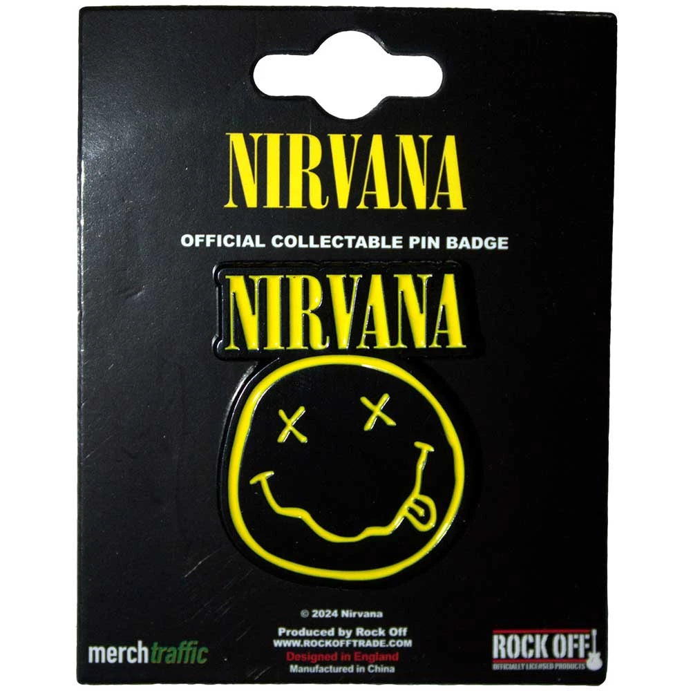 Nirvana Ansteckpin – Logo & Happy Face (35mm / Schwarz)