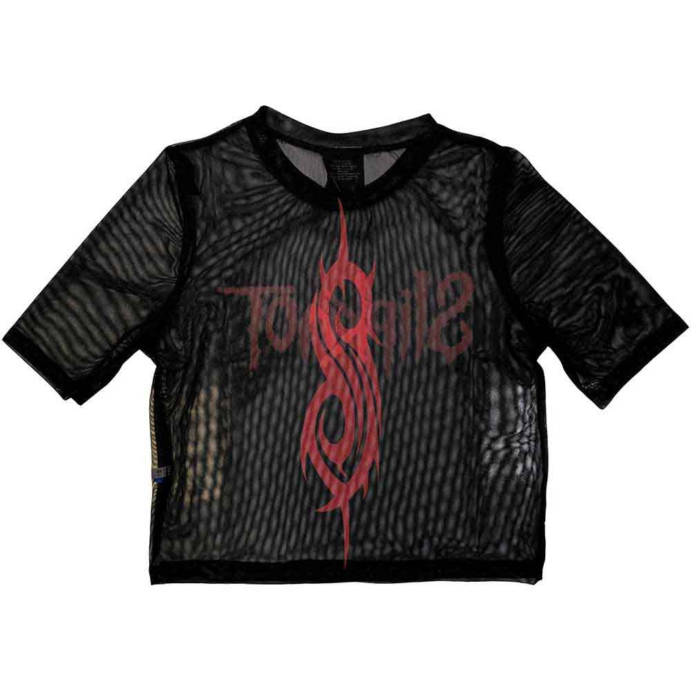 Offizielles Slipknot Damen Mesh Crop Top | Kurzarm Netz-Oberteil mit Logo | Sublimationsdruck Schwarz | Nu-Metal Band Merch