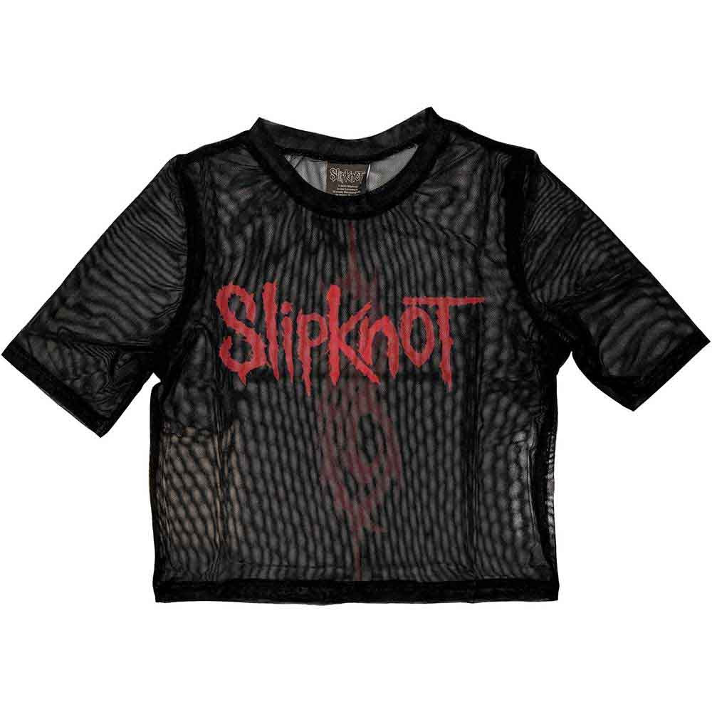 Offizielles Slipknot Damen Mesh Crop Top | Kurzarm Netz-Oberteil mit Logo | Sublimationsdruck Schwarz | Nu-Metal Band Merch