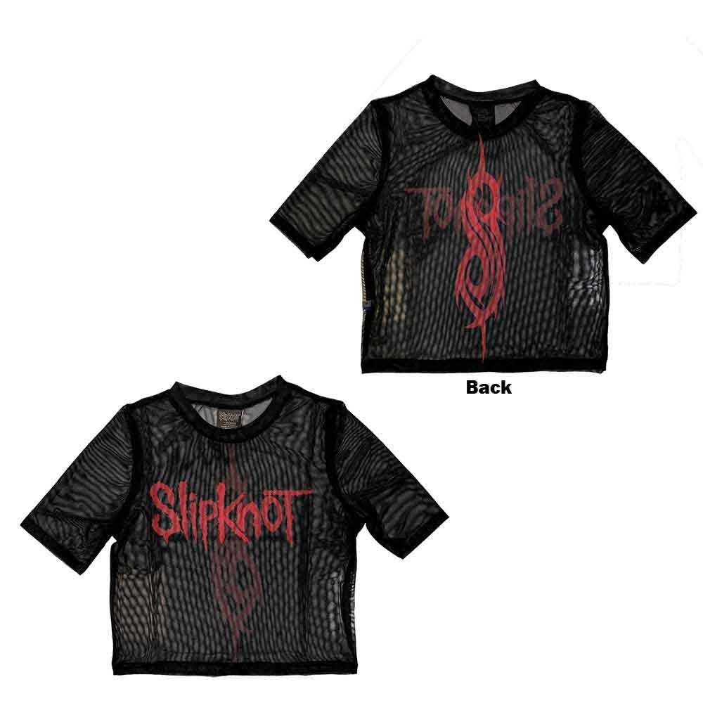 Offizielles Slipknot Damen Mesh Crop Top | Kurzarm Netz-Oberteil mit Logo | Sublimationsdruck Schwarz | Nu-Metal Band Merch