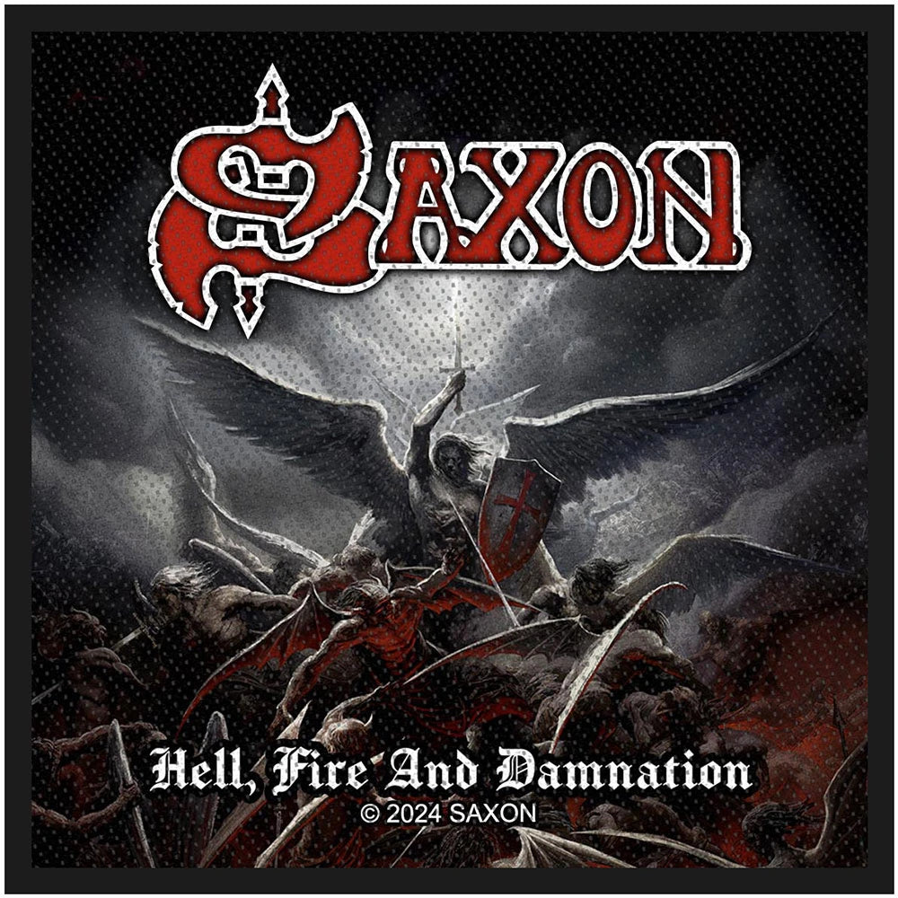 Saxon Patch | Hell, Fire And Damnation Woven Aufnäher zum Annähen | Heavy Metal Band Merch | 10 x 10 cm