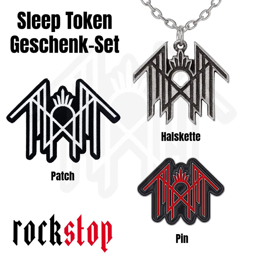 Sleep Token "Worship" Merch-Set – Pin, Aufnäher & Handgefertigte Zinn-Halskette (3-teiliges Bundle)