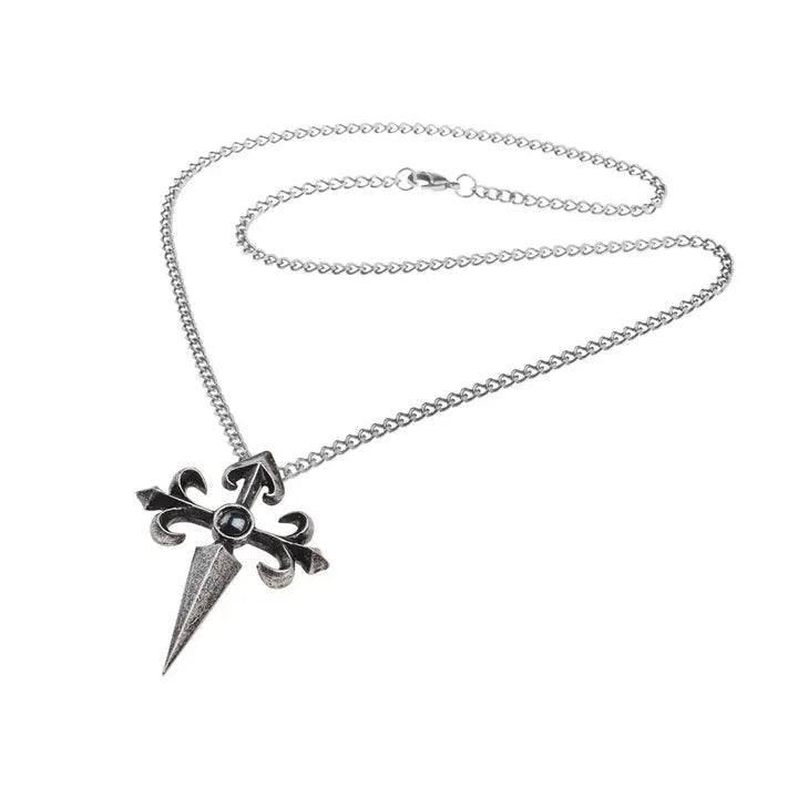 Alchemy Gothic "Santiago" Kreuz Kette | Ritterorden Schwert Anhänger mit Hämatit | Zinn Schmuck ca. 4 x 5,4 cm