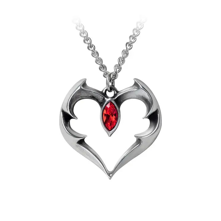 Alchemy Gothic "Batheart" Halskette | Fledermaus Herz Anhänger mit Kristall | Zinn Schmuck ca. 3,6 x 3,6 cm