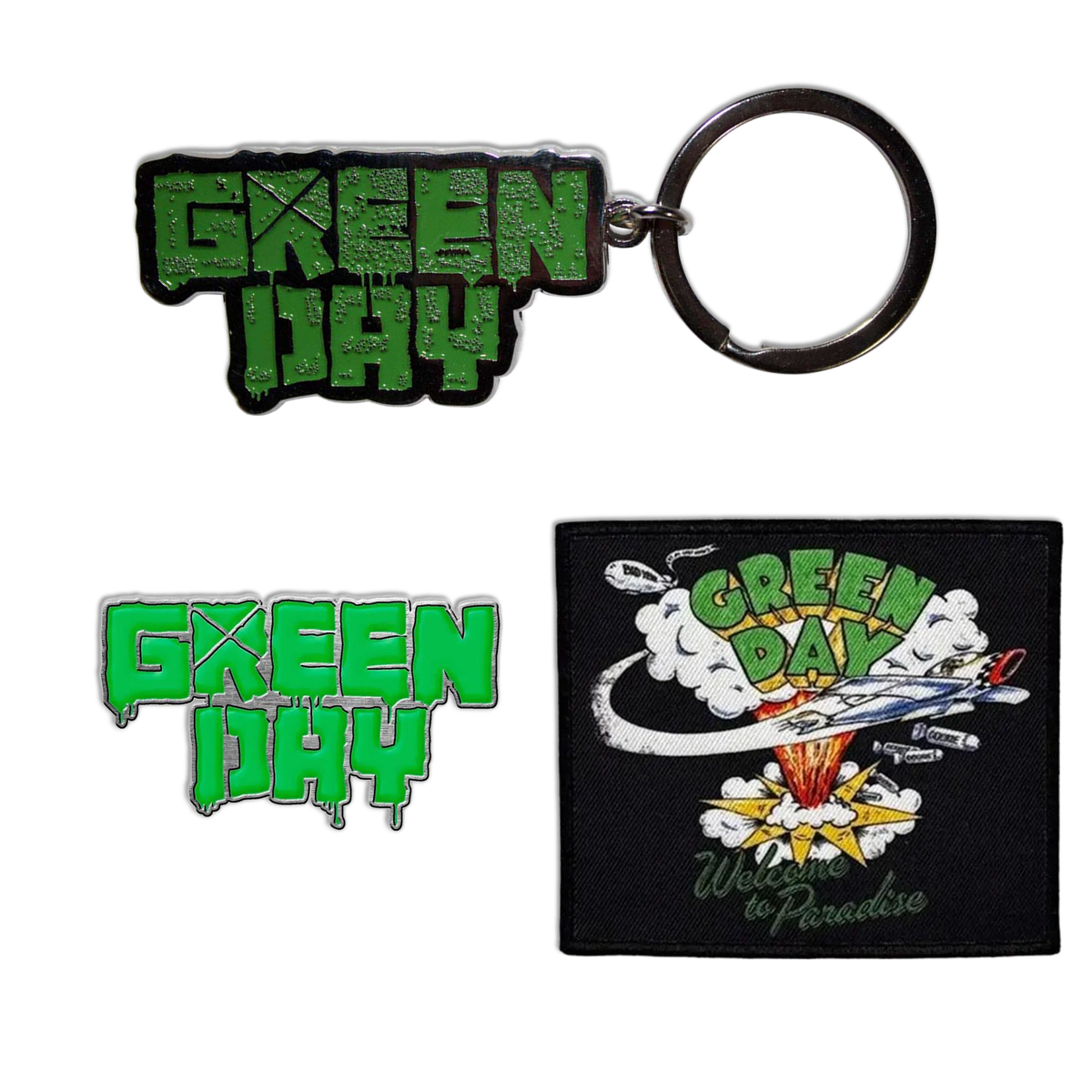 Offizielles Green Day „Welcome to Paradise“ Fan Bundle – Patch, Pin & Schlüsselanhänger (3-teilig)