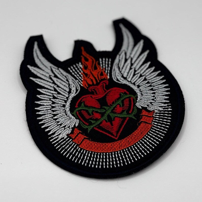 Sacred Heart Patch – Flaming Heart with Thorns and Wings – 11 x 9.5 cm – Embroidered Patch