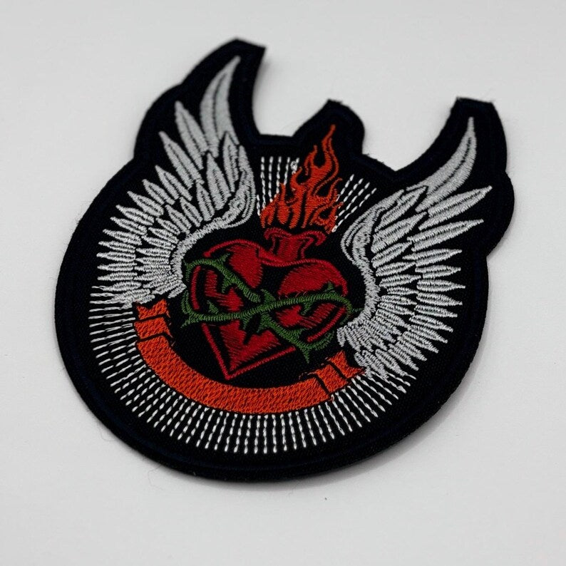 Sacred Heart Patch – Flaming Heart with Thorns and Wings – 11 x 9.5 cm – Embroidered Patch