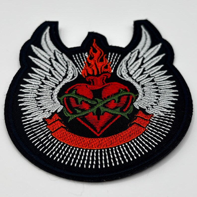 Sacred Heart Patch – Flaming Heart with Thorns and Wings – 11 x 9.5 cm – Embroidered Patch