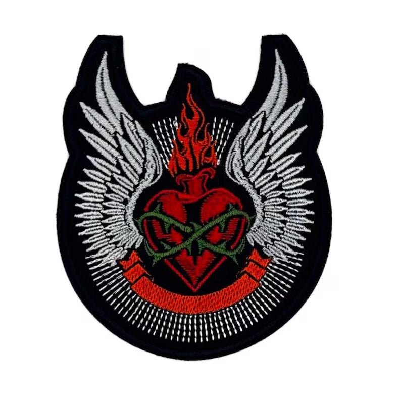 Sacred Heart Patch – Flaming Heart with Thorns and Wings – 11 x 9.5 cm – Embroidered Patch