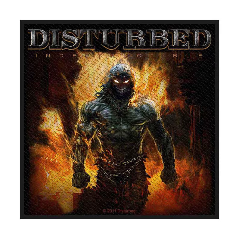 Disturbed Aufnäher INDESTRUCTIBLE Patch 9,5 x 9,5 cm - Nu Metal Band Merch Gewebt - Kutte Jacke Rucksack Deko The Guy Motiv