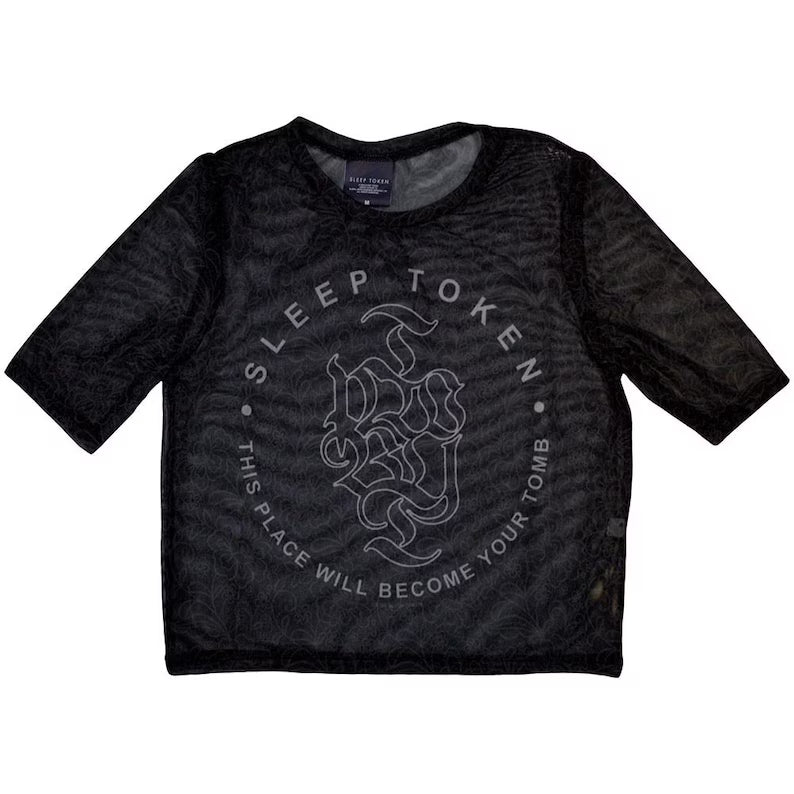 Sleep Token Tomb Mesh Crop Top - Schwarz Kurzarm Transparentes Shirt - Goth Grunge Alternative Metal Band Merch Worship Kleidung
