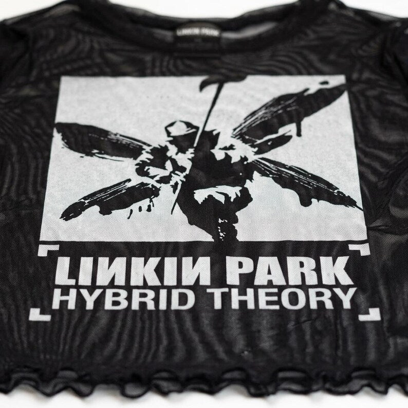 Linkin Park Hybrid Theory Mesh Crop Top - Schwarz Langarm Transparentes Shirt - Goth Grunge Alternative Rock Y2K Band Merch