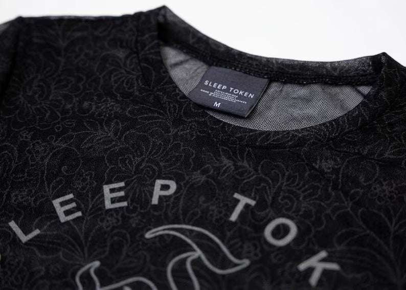Sleep Token Tomb Mesh Crop Top - Schwarz Kurzarm Transparentes Shirt - Goth Grunge Alternative Metal Band Merch Worship Kleidung