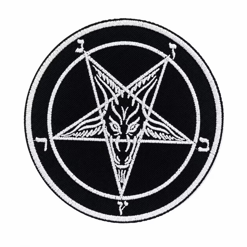 Baphomet Pentagramm Aufnäher - Rundes Patch 10 cm zum Annähen Schwarz-Weiß
