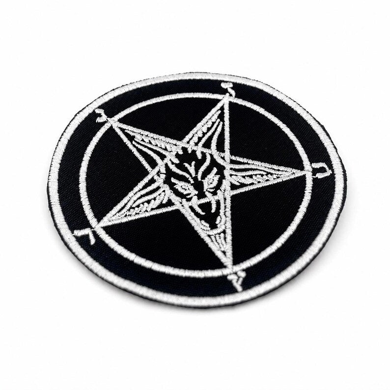 Baphomet Pentagramm Aufnäher - Rundes Patch 10 cm zum Annähen Schwarz-Weiß