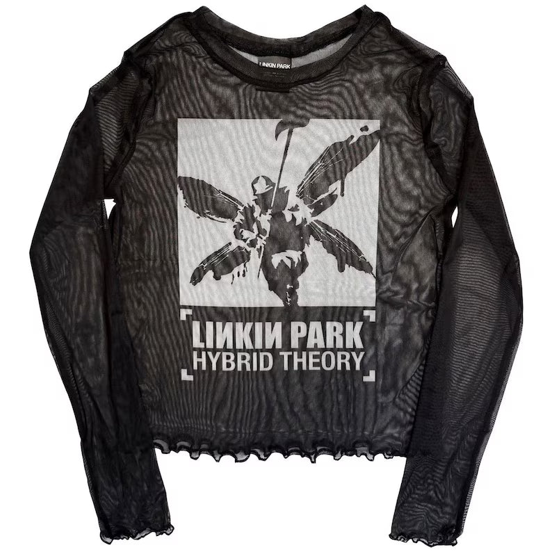 Linkin Park Hybrid Theory Mesh Crop Top - Schwarz Langarm Transparentes Shirt - Goth Grunge Alternative Rock Y2K Band Merch