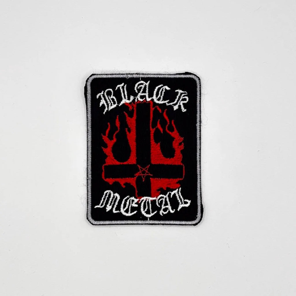Black Metal Cross Patch 8 × 6 cm – Satanic Patch – Red Inverted Cross Embroidery