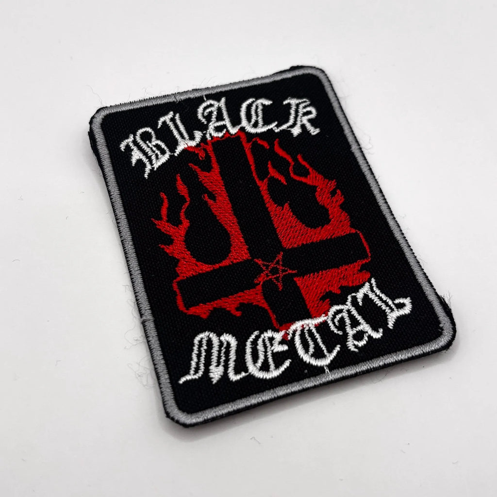 Black Metal Cross Patch 8 × 6 cm – Satanic Patch – Red Inverted Cross Embroidery