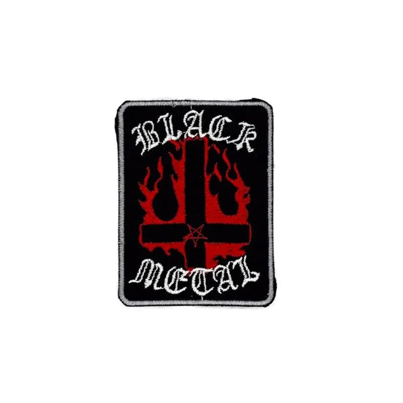 Black Metal Cross Patch 8 × 6 cm – Satanic Patch – Red Inverted Cross Embroidery