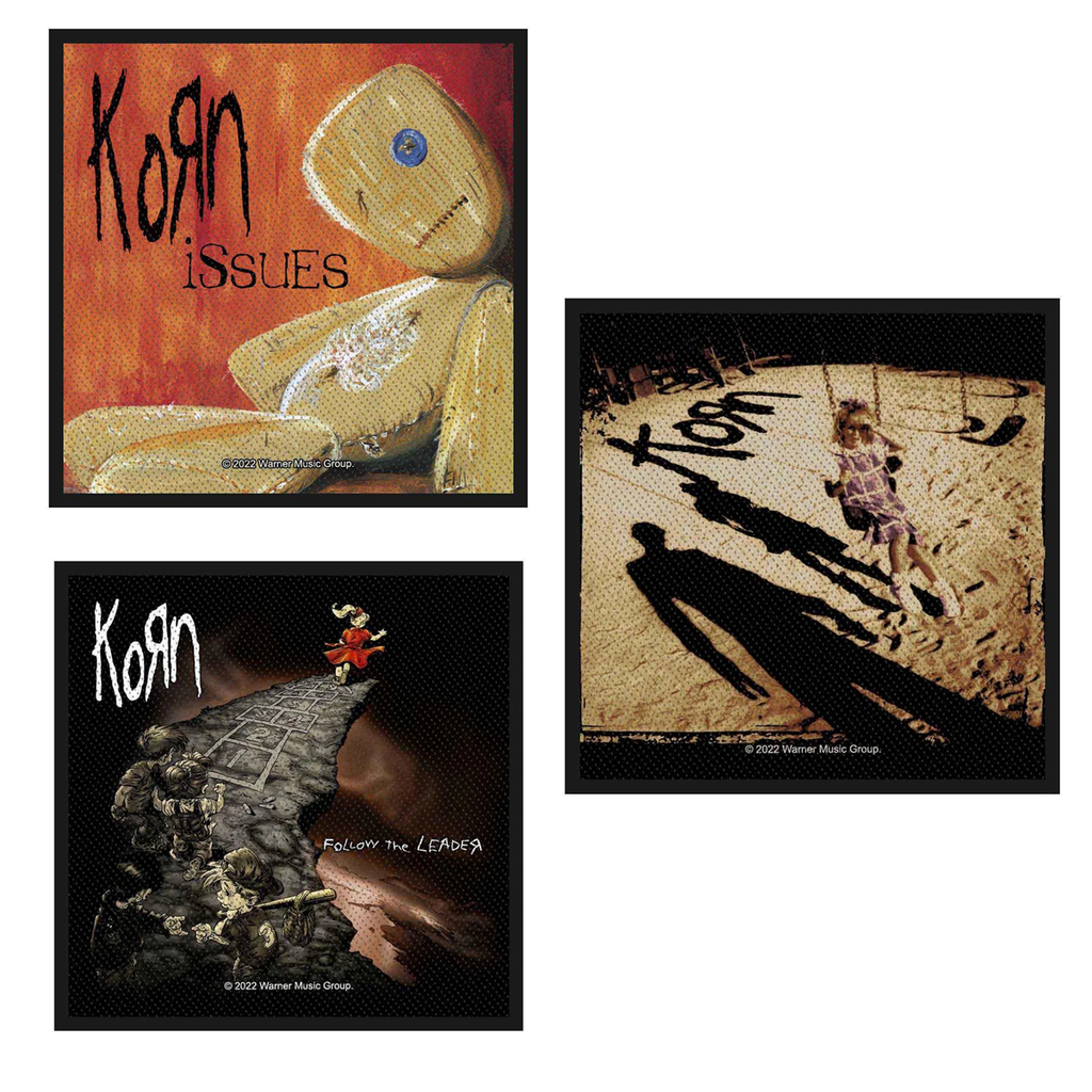 Official Korn 90s Album Patch Bundle - 3x Woven Patches (Debut Album, Follow The Leader & Issues)