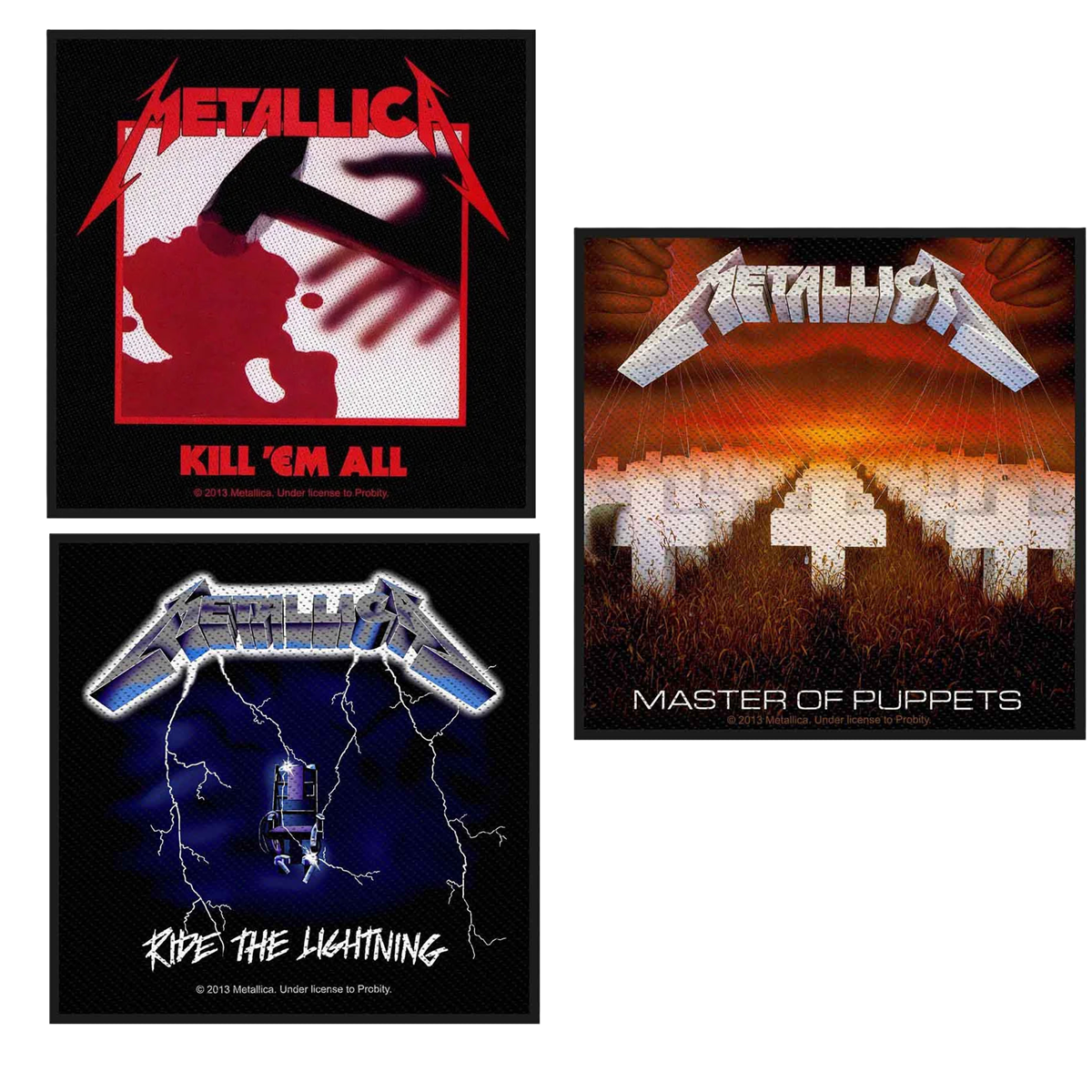 Offizielles Metallica 80s Thrash Trilogy Patch Bundle – Kill 'Em All, Ride The Lightning & Master Of Puppets (3-teilig)